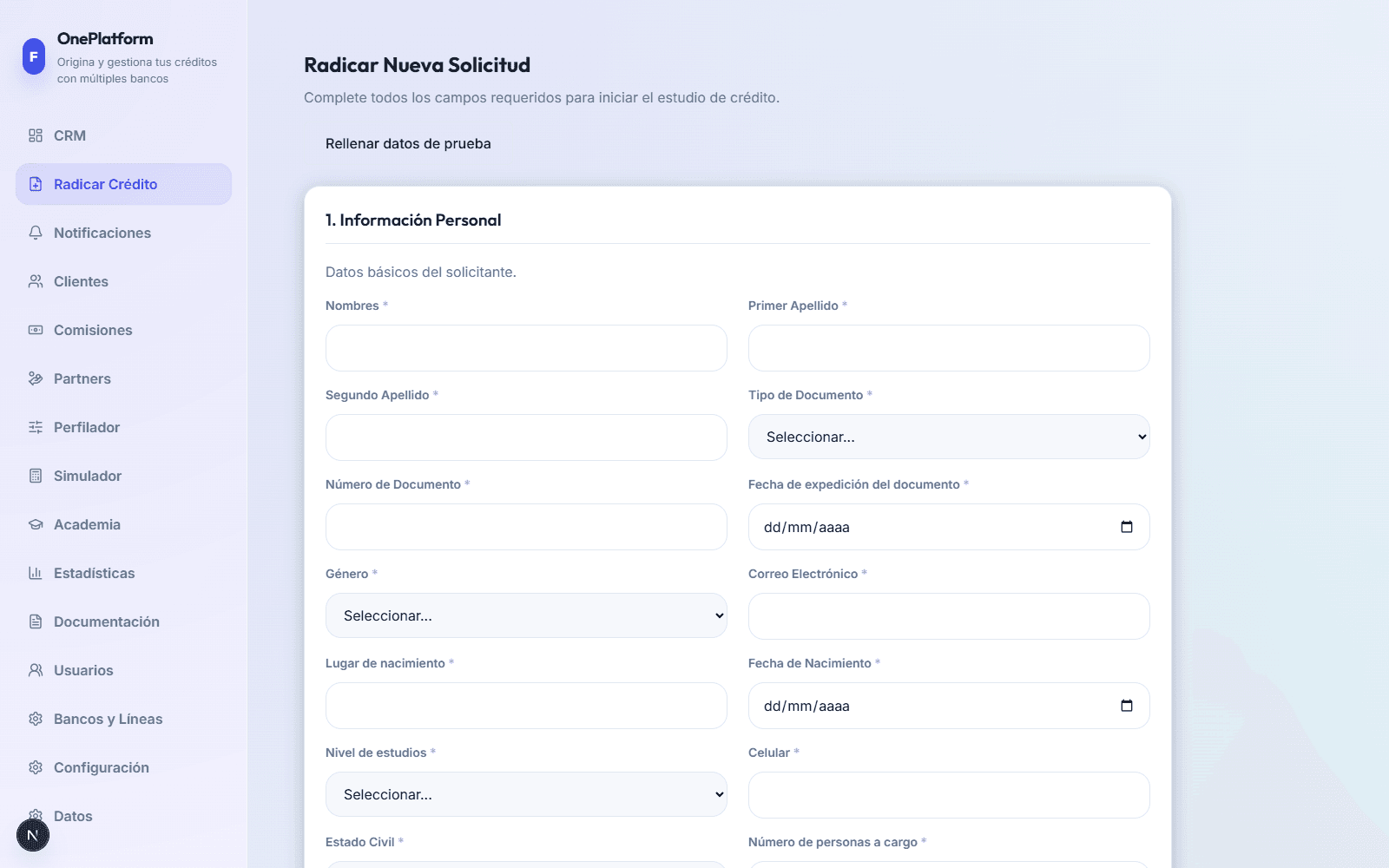 Vista de radicación en OnePlatform